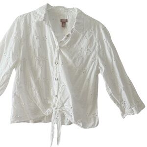 100% Cotton White Eyelet Button-Up Neutral Knot at Waist Top Fits Like Large